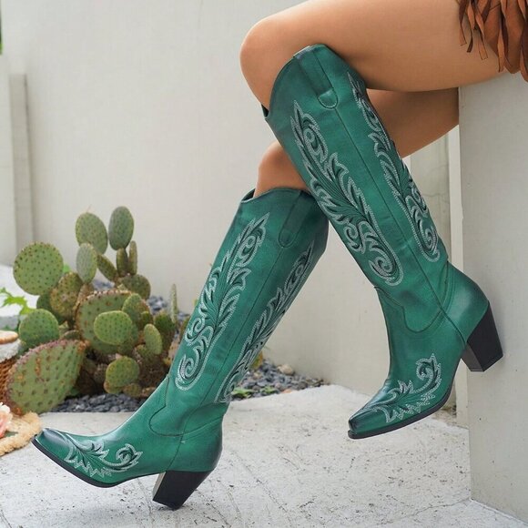 Dark Green Western Women's Embroidered Pull-On Knee High Boots - Picture 1 of 7
